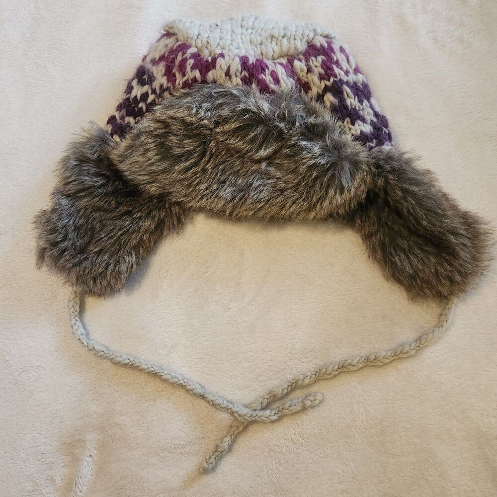 Y2K American Eagle Knit Faux Fur Trapper Hat Purple Cream Fair Isle EUC